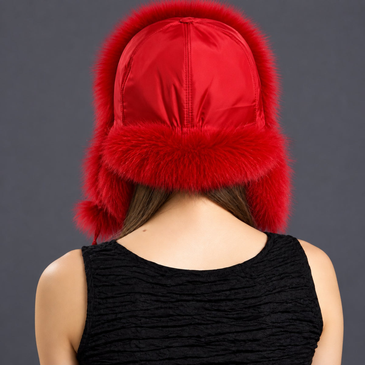 Red fox fur ushanka hat for women back view