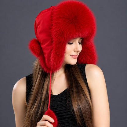 Red fox fur ushanka hat for women side three-quarter view
