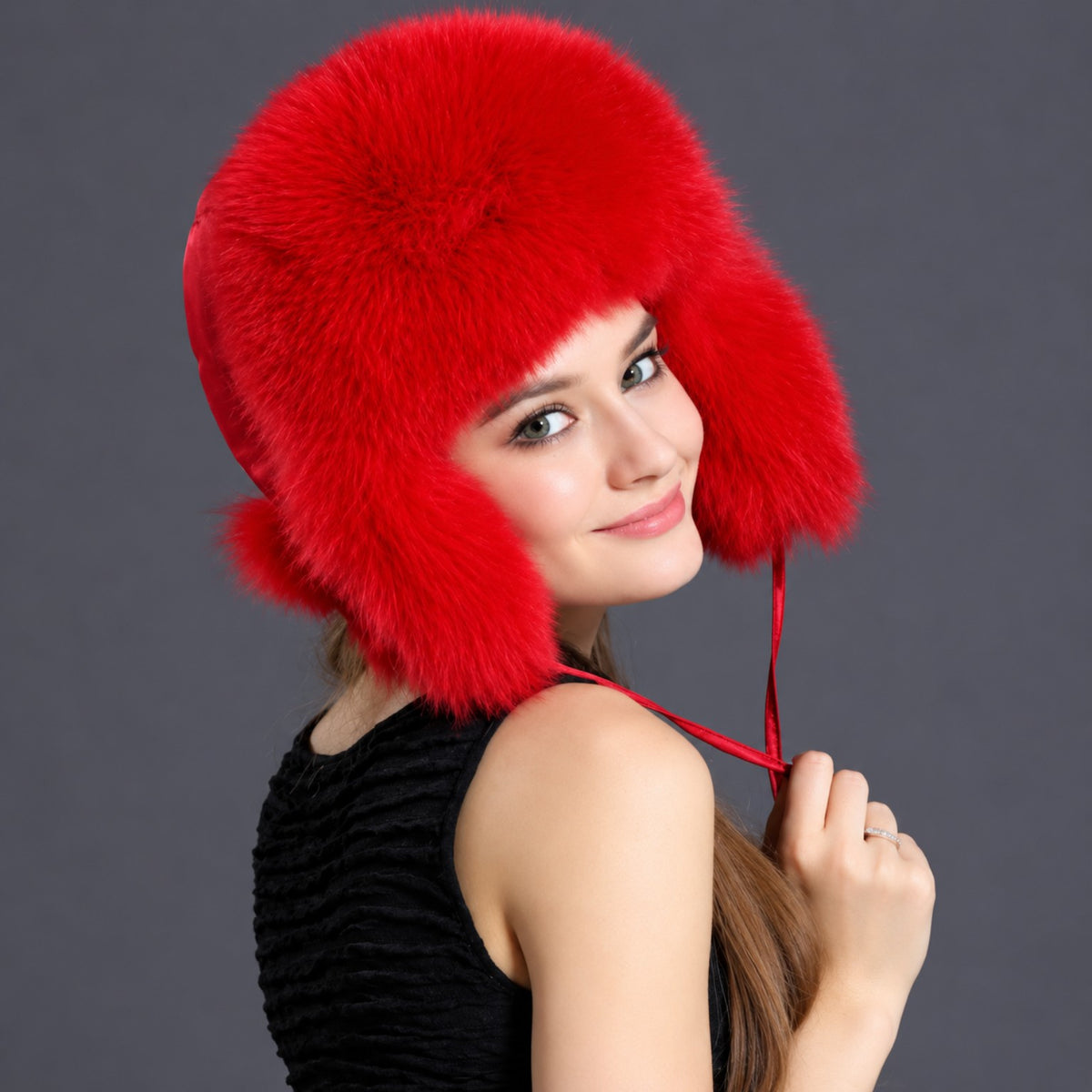 Red fox fur ushanka hat for women side view
