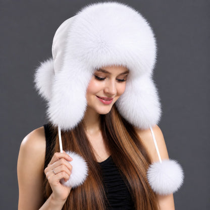 White Arctic fox fur earflap trapper hat – model view