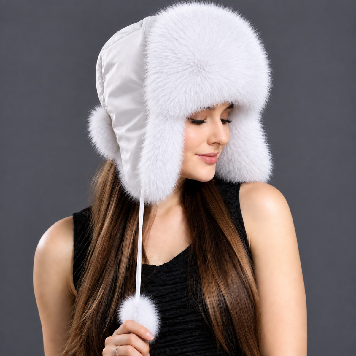 White Arctic fox fur ushanka hat – side view