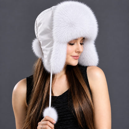 White Arctic fox fur ushanka hat – side view