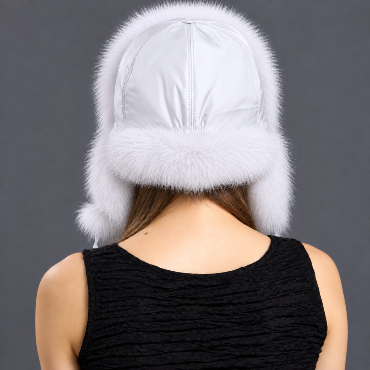 White Arctic fox fur ushanka hat – back view