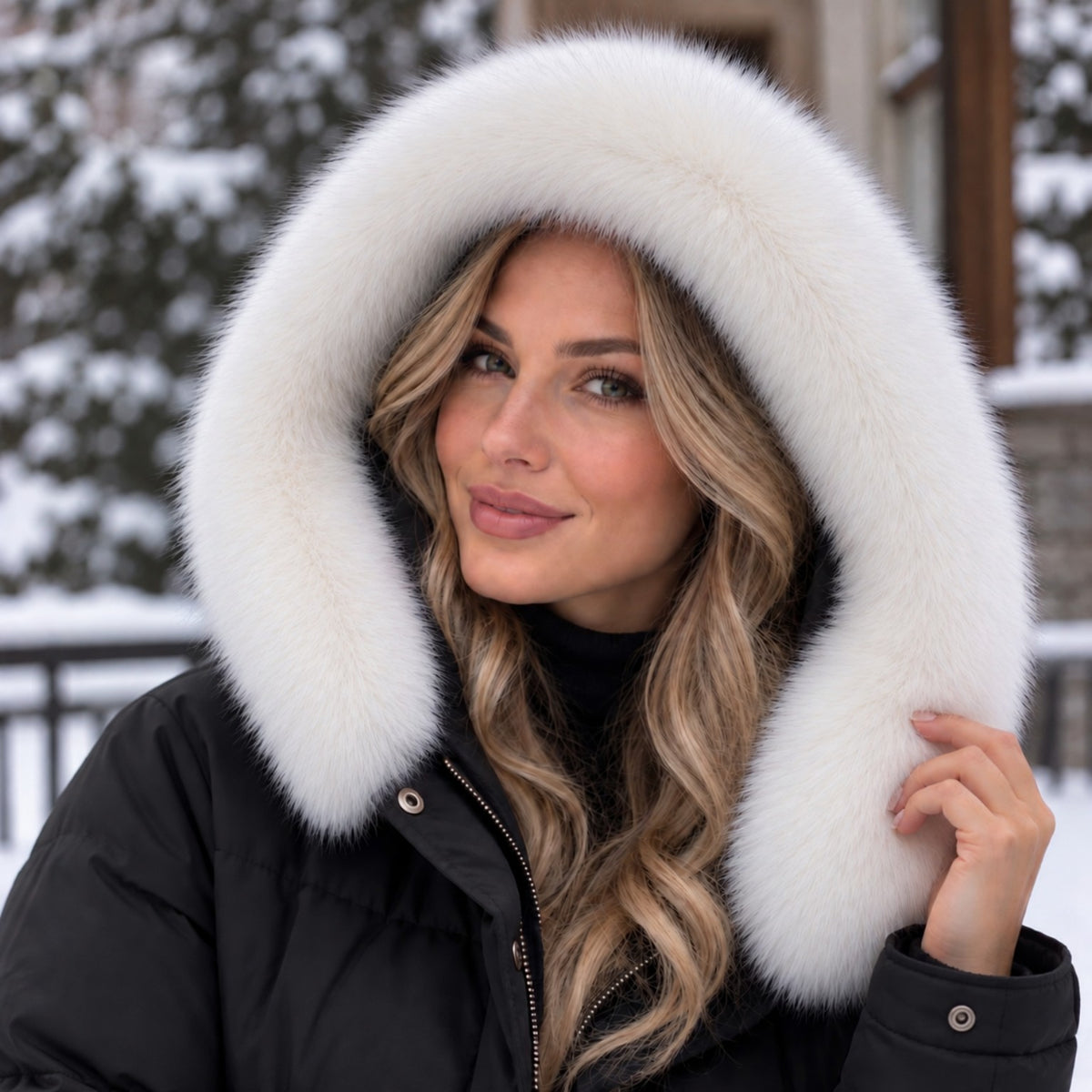 White faux fox fur hood trim on winter parka