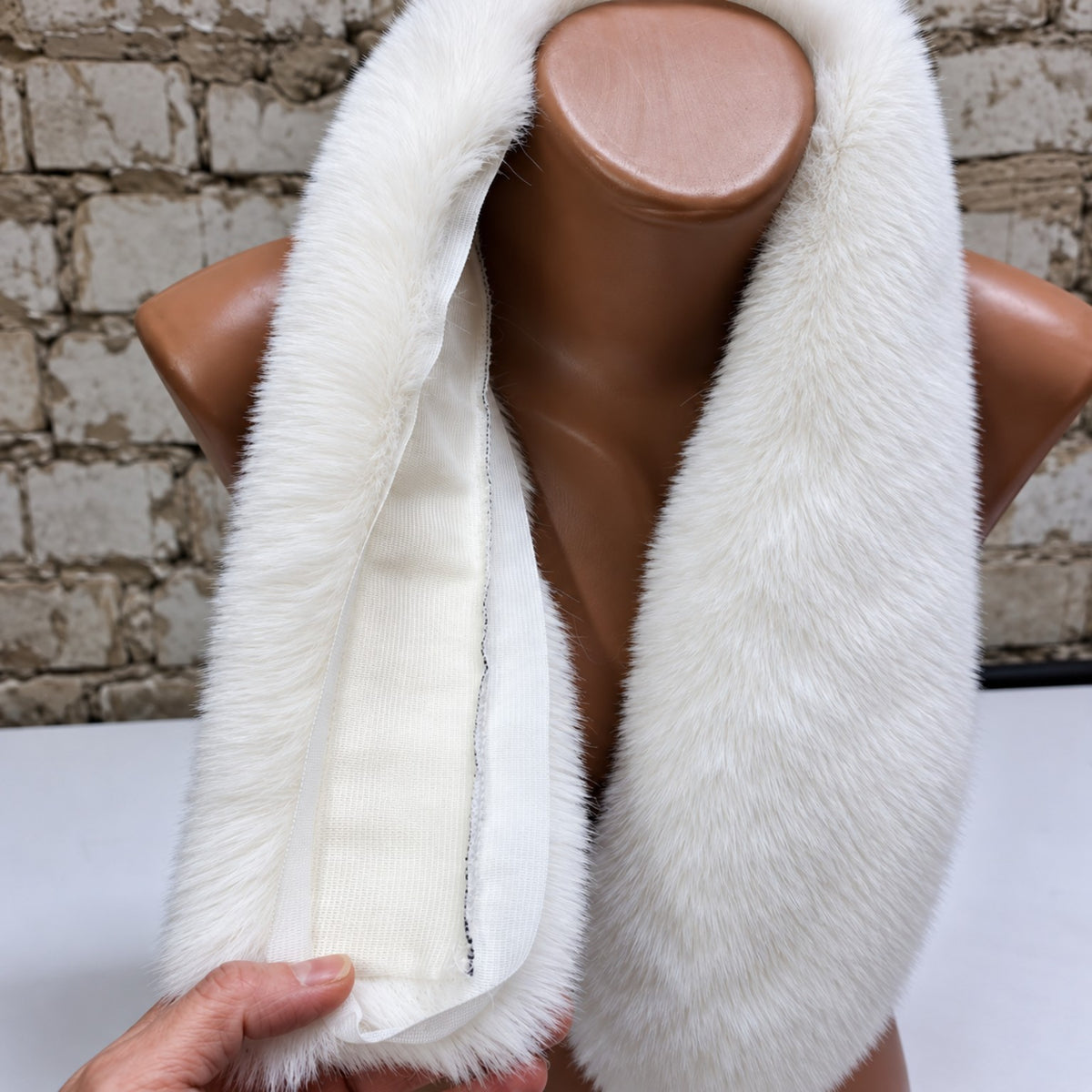 White faux fox fur hood trim lining and attachment