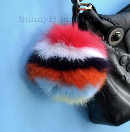 6" FUR POM POM Keychain, Large Fox Bag Charm, Key Chain Charm, Fox Fur Pom Pom, Rainbow Pom Pom, Fur Ball, Pendant Fur, Keyring, Multicolor