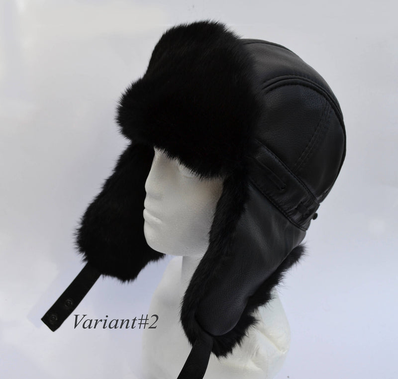 FAUX LEATHER Ear Flap Hat, Rabbit Fur Hat, Men real fur hat, Trapper Hat, Aviator Hat, Ushanka, Russian Hat, Ski Hat, Fur Hat, Gift for Men