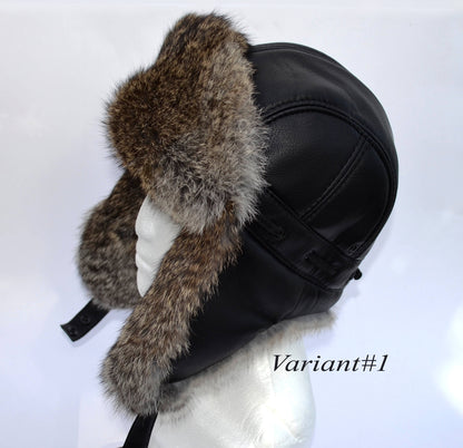 FAUX LEATHER Ear Flap Hat, Men real fur hat, Trapper Hat, Aviator Hat, Ushanka, Russian Hat, Ski Hat, Rabbit Fur, Fur Hat, Gift for Men