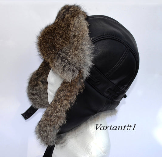 FAUX LEATHER Ear Flap Hat, Men real fur hat, Trapper Hat, Aviator Hat, Ushanka, Russian Hat, Ski Hat, Rabbit Fur, Fur Hat, Gift for Men