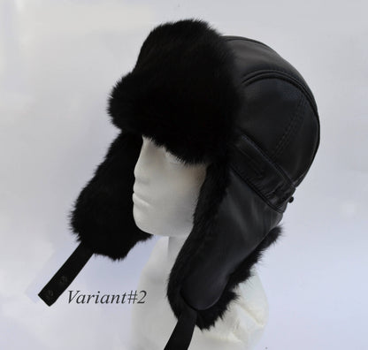 FAUX LEATHER Ear Flap Hat, Men real fur hat, Trapper Hat, Aviator Hat, Ushanka, Russian Hat, Ski Hat, Rabbit Fur, Fur Hat, Gift for Men