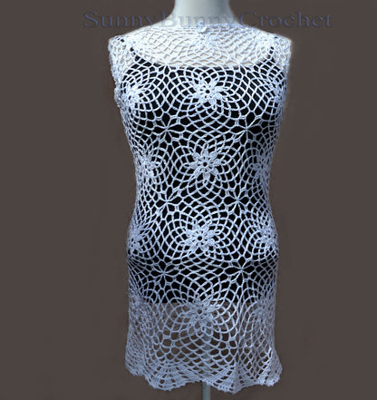 CROCHETED SUMMER Dress Beach Cover Up Sexy Cotton Lace Openwork Short Knit Tunic Cover Party Mini Dress Top Women Lady Flower Boho, XXS, M