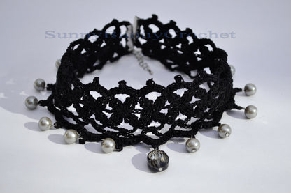 Black necklace choker, Black necklace for women, Choker necklace Black, Black statement necklace, Choker beaded Black, Cotton Choker, Boho