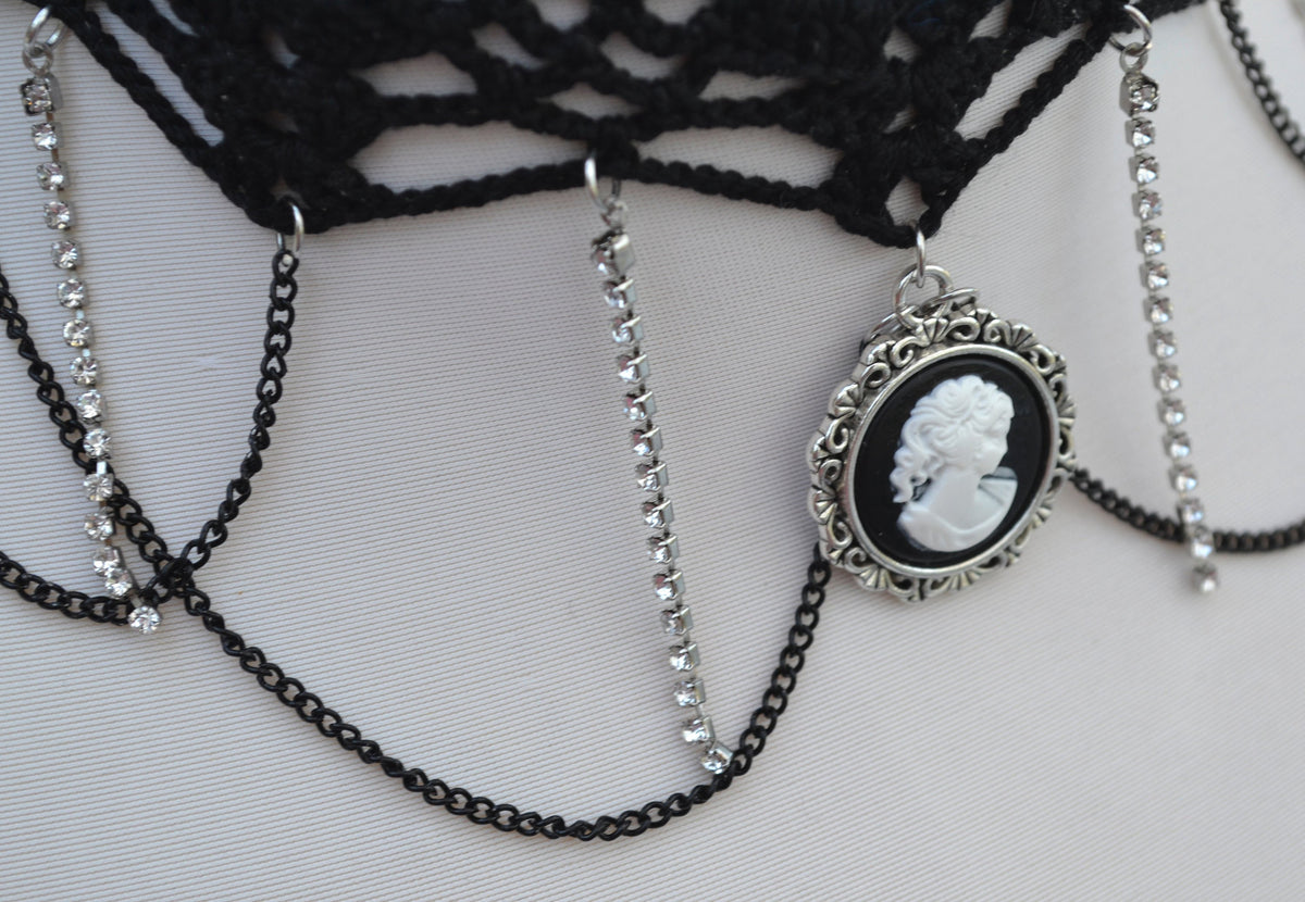 Black necklace choker with cameo pendant, Black necklace for women, Choker necklace Black, Black statement necklace, Cotton Choker, Gothic