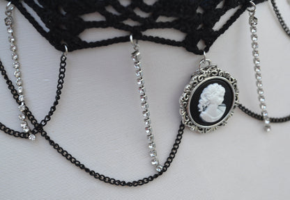 Black necklace choker with cameo pendant, Black necklace for women, Choker necklace Black, Black statement necklace, Cotton Choker, Gothic