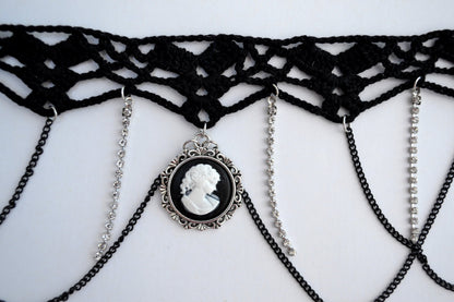 Black necklace choker with cameo pendant, Black necklace for women, Choker necklace Black, Black statement necklace, Cotton Choker, Gothic