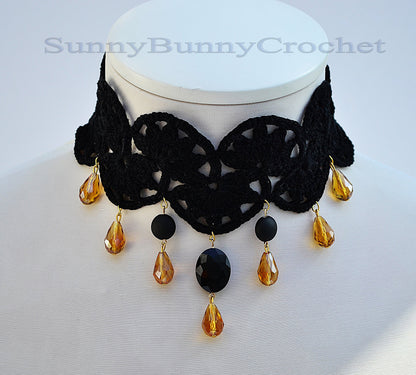 Black necklace choker, Black necklace for women, Choker necklace Black, Black statement necklace, Choker beaded Black, Cotton Choker, Flower