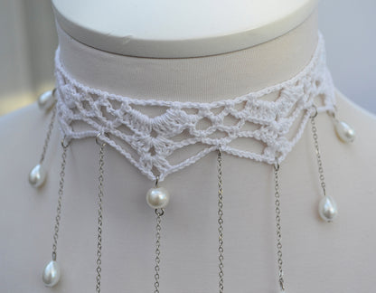 Crocheted Cotton Necklace,  Crochet Necklace for Women, Cotton Choker , Yarn Necklace, White statement necklace,Wedding, Gift for Her