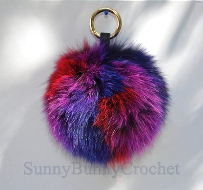 6" REAL FUR POM Pom Key chain, Fur Bag Charm,  Key Chain Charm, Large Fox Fur Pom Pom, Rainbow Pom Pom, Fur Ball,  Keyring, Multicolor