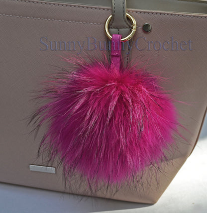 8"  PINK FUR POM Pom Keychain, Large Raccoon Bag Charm, Real Fur Charm, Raccoon Fur Pom Pom, Bag Charm Pom Pom, Fur Ball, Pendant, Keyring