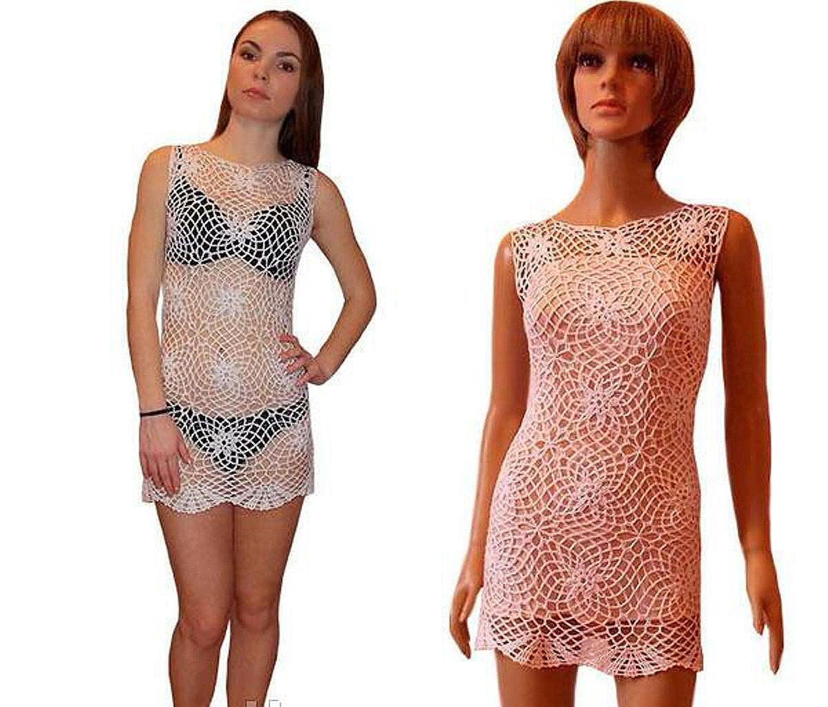 CROCHETED SUMMER Dress Beach Cover Up Sexy Cotton Lace Openwork Short Knit Tunic Cover Party Mini Dress Top Women Lady Flower Boho, XXS, M