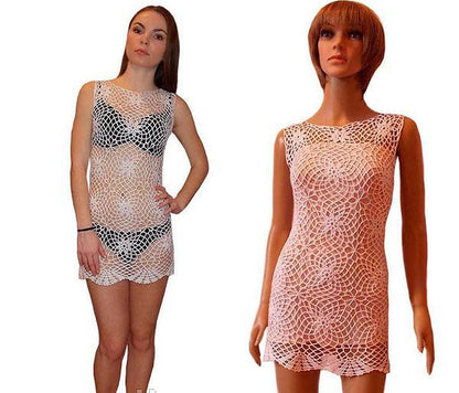 CROCHETED SUMMER Dress Beach Cover Up Sexy Cotton Lace Openwork Short Knit Tunic Cover Party Mini Dress Top Women Lady Flower Boho, XXS, M