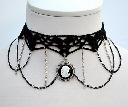 Black necklace choker with cameo pendant, Black necklace for women, Choker necklace Black, Black statement necklace, Cotton Choker, Gothic