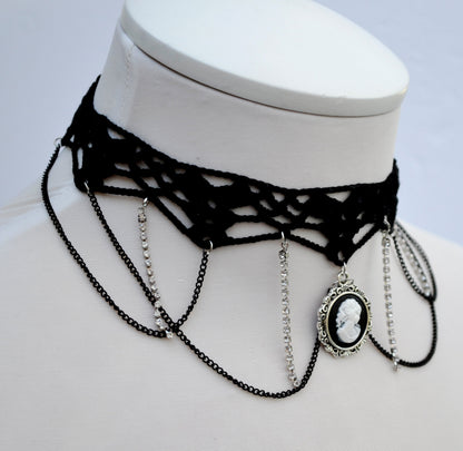 Black necklace choker with cameo pendant, Black necklace for women, Choker necklace Black, Black statement necklace, Cotton Choker, Gothic