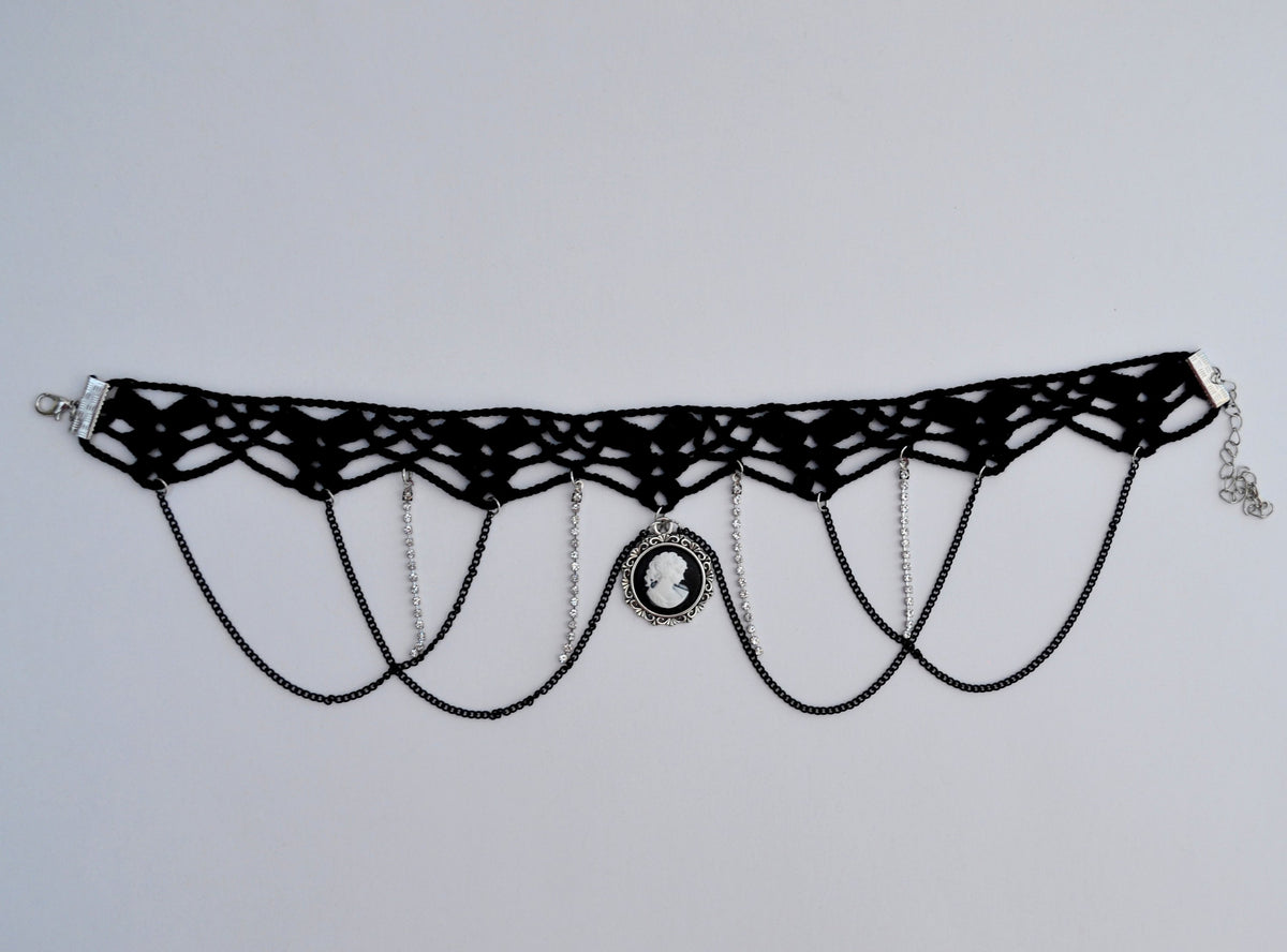 Black necklace choker with cameo pendant, Black necklace for women, Choker necklace Black, Black statement necklace, Cotton Choker, Gothic
