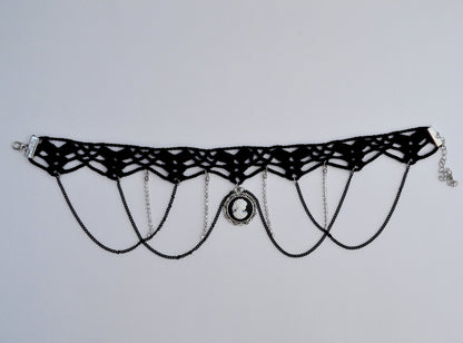 Black necklace choker with cameo pendant, Black necklace for women, Choker necklace Black, Black statement necklace, Cotton Choker, Gothic