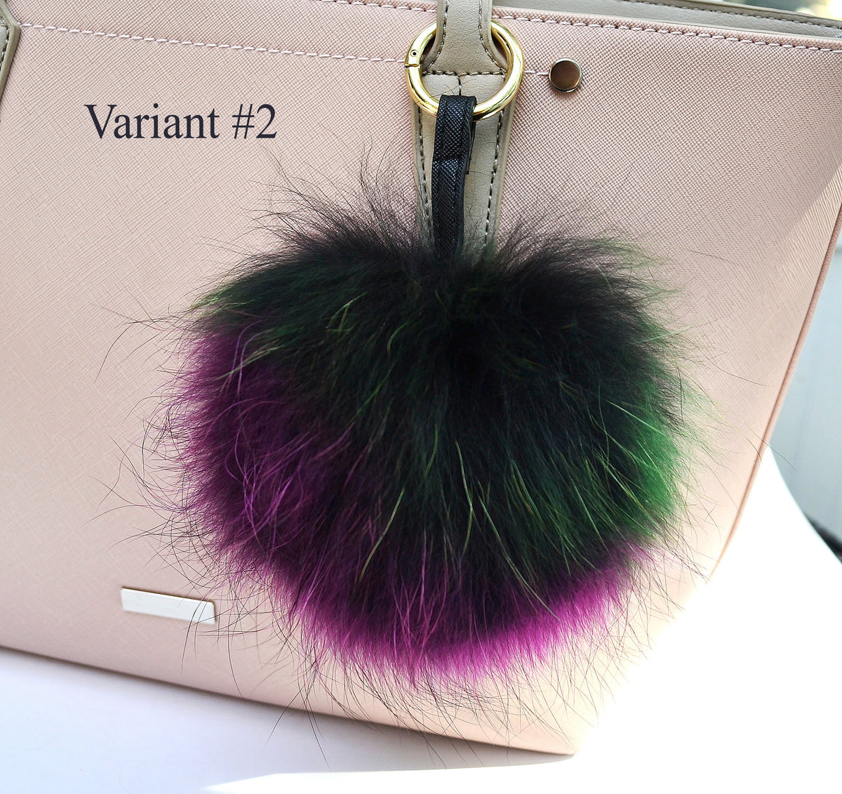 7" REAL FUR POM Pom Key chain, Large Raccoon Bag Charm, Key Chain Charm, Raccoon Fur Pom Pom, Rainbow, Fur Ball, Fur Keyring, Multicolor