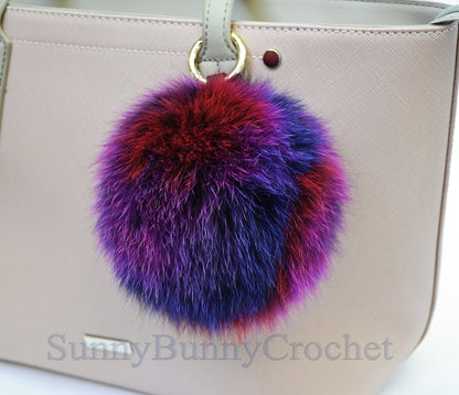6" REAL FUR POM Pom Key chain, Fur Bag Charm,  Key Chain Charm, Large Fox Fur Pom Pom, Rainbow Pom Pom, Fur Ball,  Keyring, Multicolor