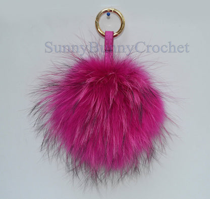 8"  PINK FUR POM Pom Keychain, Large Raccoon Bag Charm, Real Fur Charm, Raccoon Fur Pom Pom, Bag Charm Pom Pom, Fur Ball, Pendant, Keyring