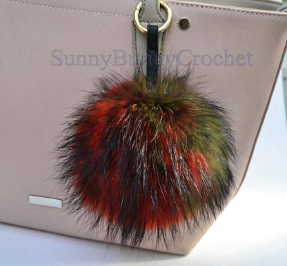 7" REAL FUR POM Pom Key chain, Fur Bag Charm, Key Chain Charm, Large Raccoon Fur Pom Pom, Rainbow Pom Pom, Fur Ball, Keyring, Multicolor