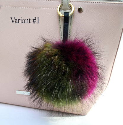 7" REAL FUR POM Pom Key chain, Large Raccoon Bag Charm, Key Chain Charm, Raccoon Fur Pom Pom, Rainbow, Fur Ball, Fur Keyring, Multicolor