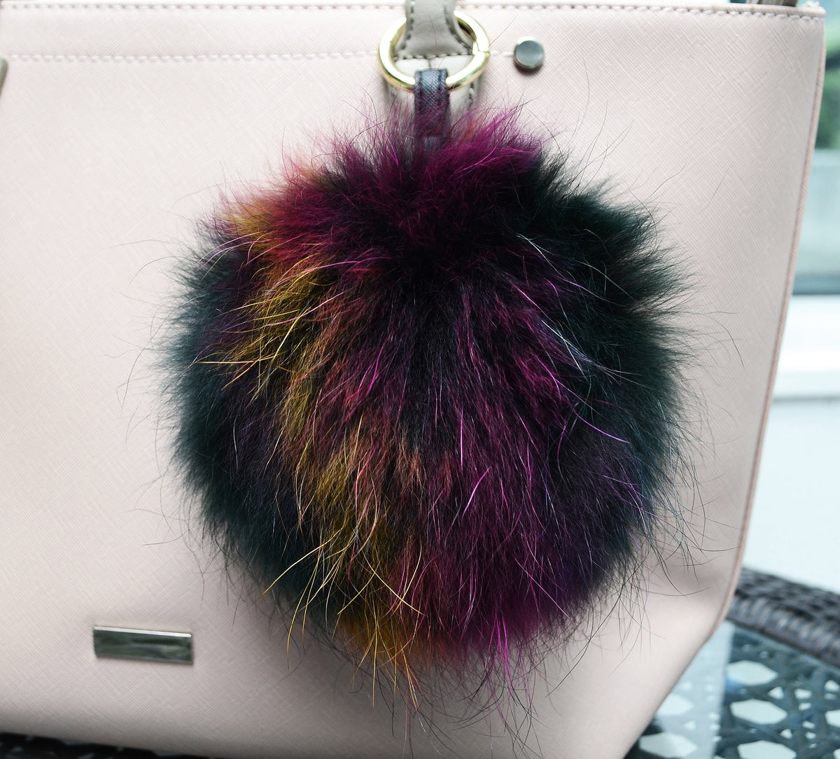 7" COLORFUL FUR POM Pom Keychain, Large Raccoon Bag Charm, Key Chain Charm, Raccoon Fur Pom Pom, Rainbow Pom Pom, Fur Ball,  Multicolor Pom