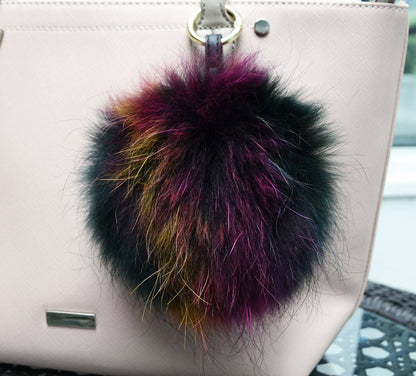 7" COLORFUL FUR POM Pom Keychain, Large Raccoon Bag Charm, Key Chain Charm, Raccoon Fur Pom Pom, Rainbow Pom Pom, Fur Ball,  Multicolor Pom