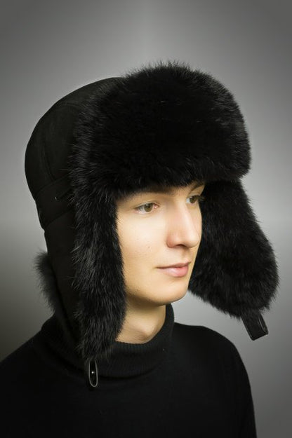 REAL SUEDE Leather Ear Flap Hat, Men real fur hat, Trapper Hat, Aviator Hat, Ushanka, Russian Hat, Ski Hat, Rabbit Fur, Fur Hat, Gift Men