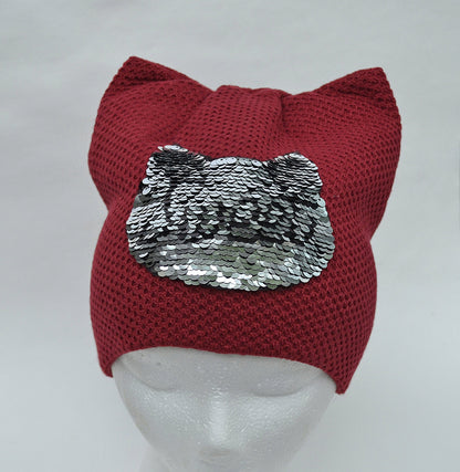Women’s Cat Ear Beanie – Reversible Sequin Wool Blend Hat