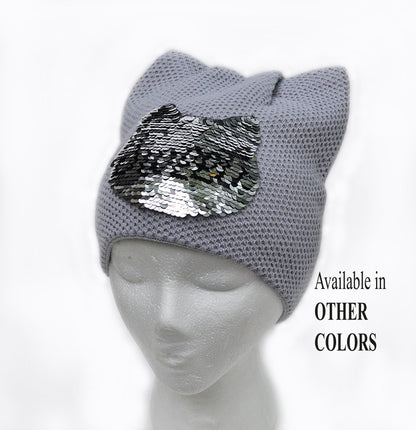 Women’s Cat Ear Beanie – Reversible Sequin Wool Blend Hat