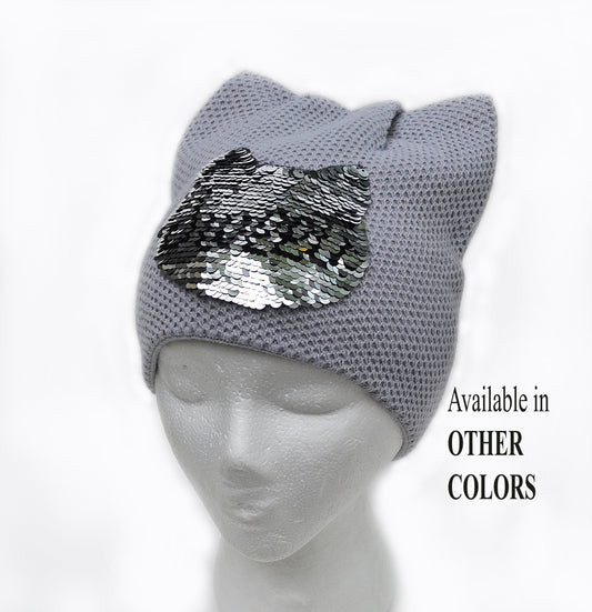 Women’s cat ear beanie with reversible sequins – wool blend winter hat