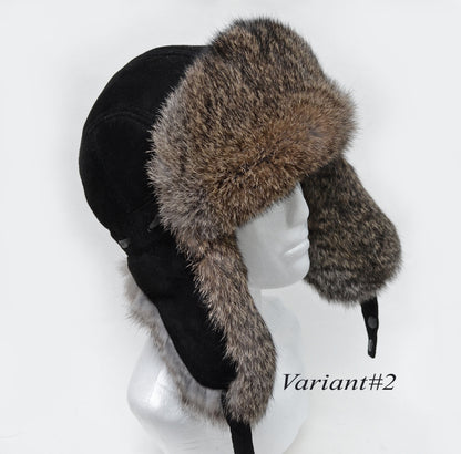 REAL SUEDE Leather Ear Flap Hat, Men real fur hat, Trapper Hat, Aviator Hat, Ushanka, Russian Hat, Ski Hat, Rabbit Fur, Fur Hat, Gift Men