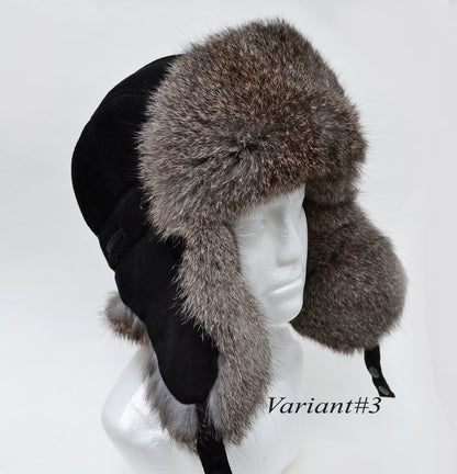 REAL SUEDE Leather Ear Flap Hat, Men real fur hat, Trapper Hat, Aviator Hat, Ushanka, Russian Hat, Ski Hat, Rabbit Fur, Fur Hat, Gift Men