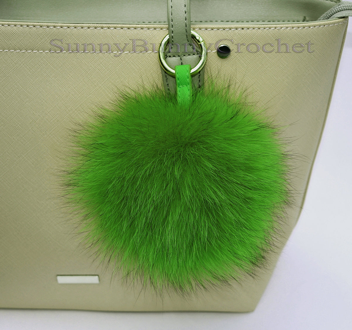 7" GREEN POM POM Keychain, Bag Charm,  Large Fox Bag Charm, Fur Key Chain Charm, Fox Fur Pom Pom, Fur Ball, Pendant Fur, Large Fur Pom pom