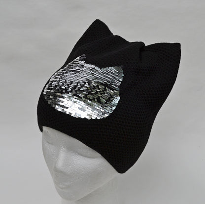Women’s Cat Ear Beanie – Reversible Sequin Wool Blend Hat