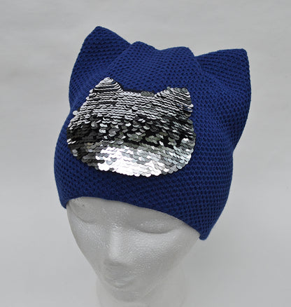 Women’s Cat Ear Beanie – Reversible Sequin Wool Blend Hat