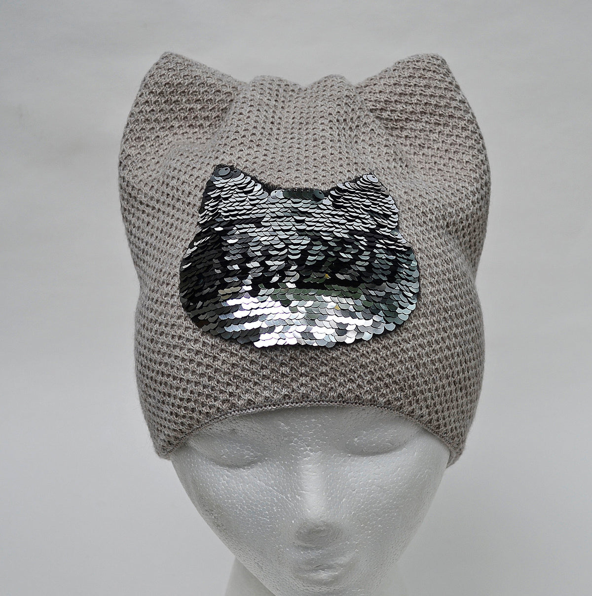 Women’s Cat Ear Beanie – Reversible Sequin Wool Blend Hat