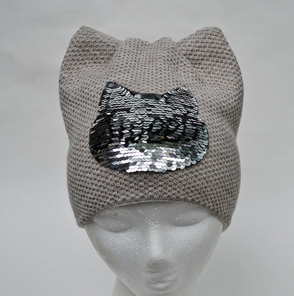 Women’s Cat Ear Beanie – Reversible Sequin Wool Blend Hat