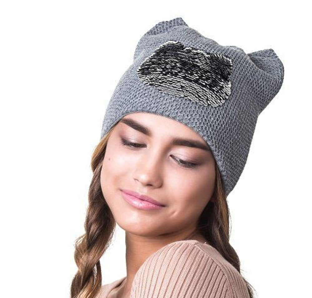 Women’s Cat Ear Beanie – Reversible Sequin Wool Blend Hat