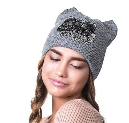 Women’s Cat Ear Beanie – Reversible Sequin Wool Blend Hat