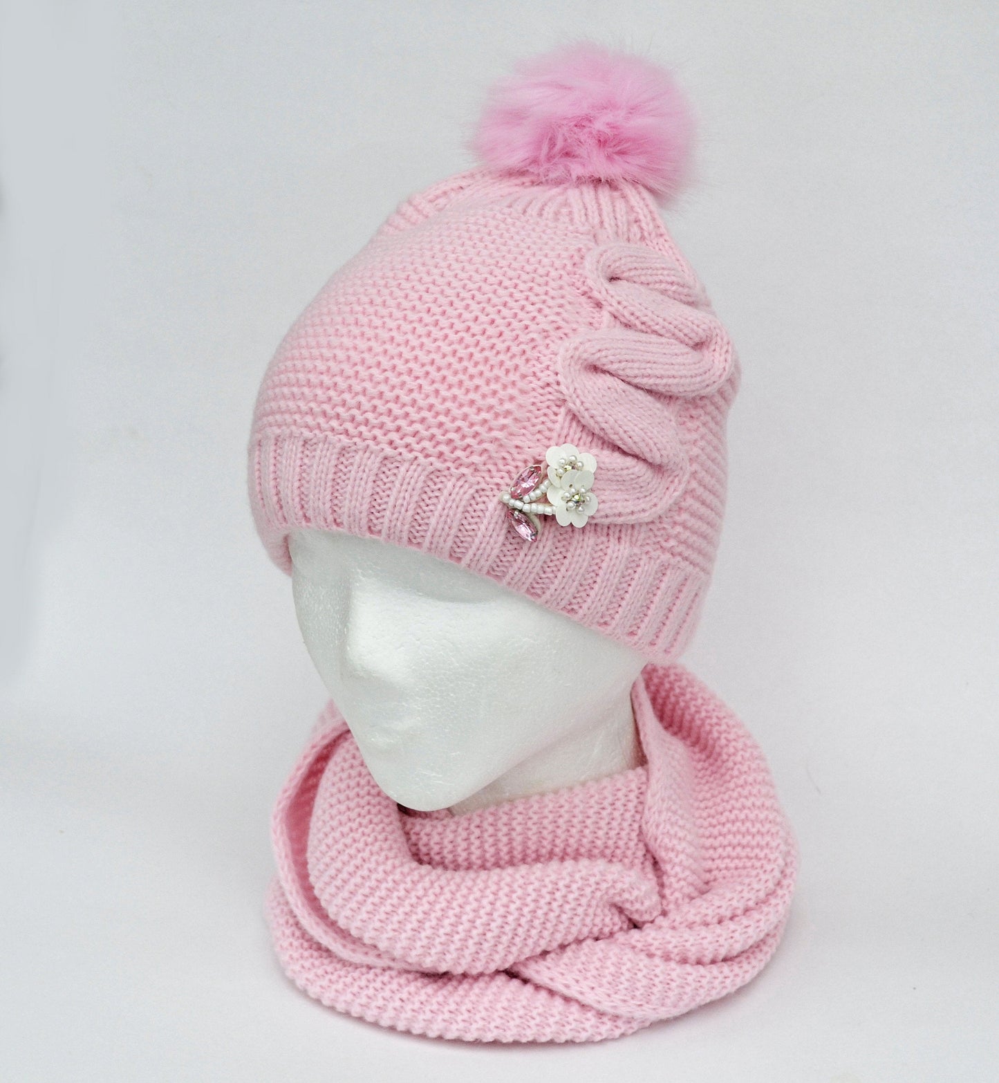 Winter Child Hat with Flower Brooch, Girl hat and Scarf, Child Pom Pom Hat, Child Knit Hat, Knit Girl Hat, Kids Winter Wear, Girl Knit Hat
